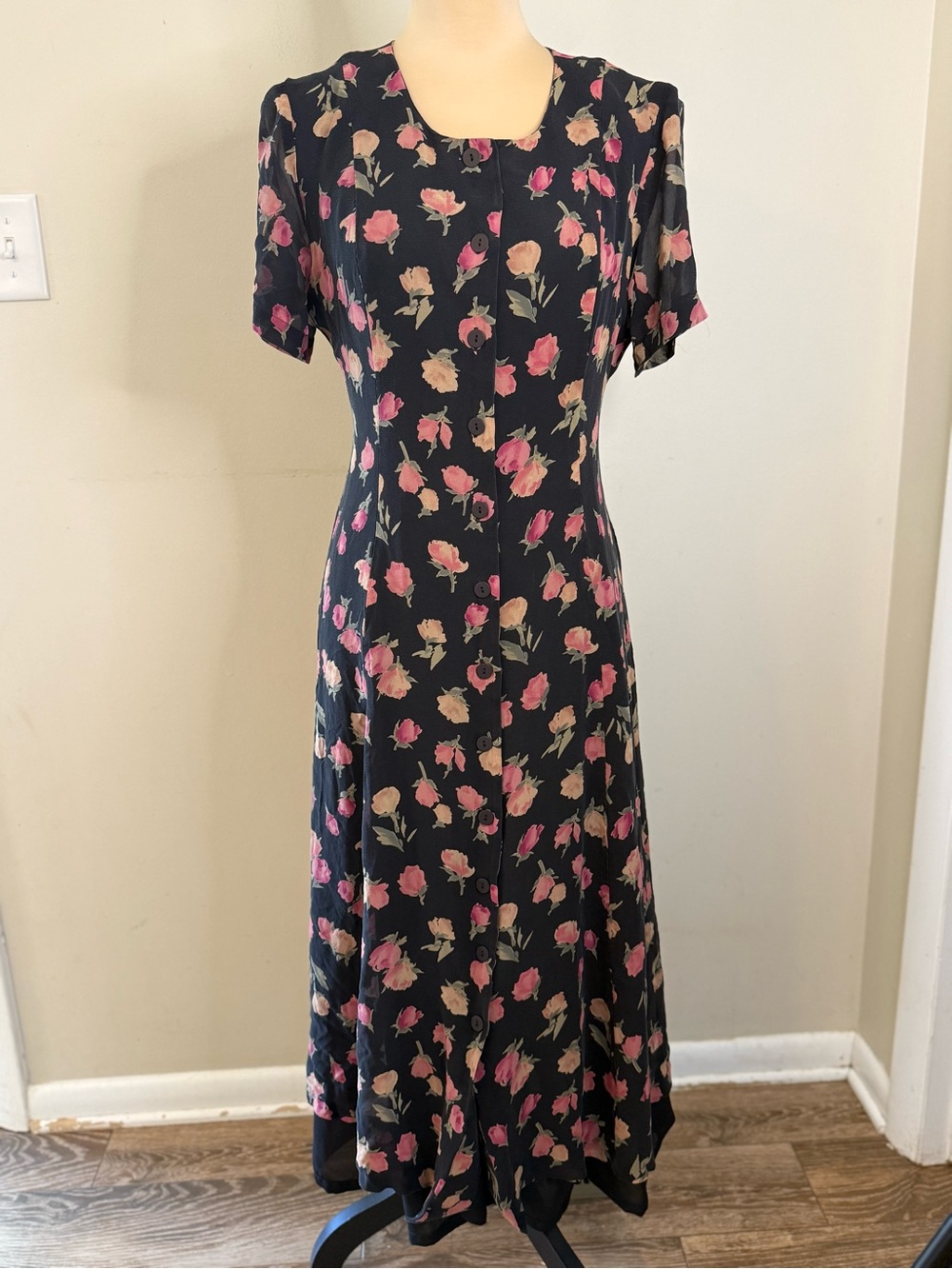 Talbots silk maxi dress preppy cottage floral short sleeve pink black SZ 10